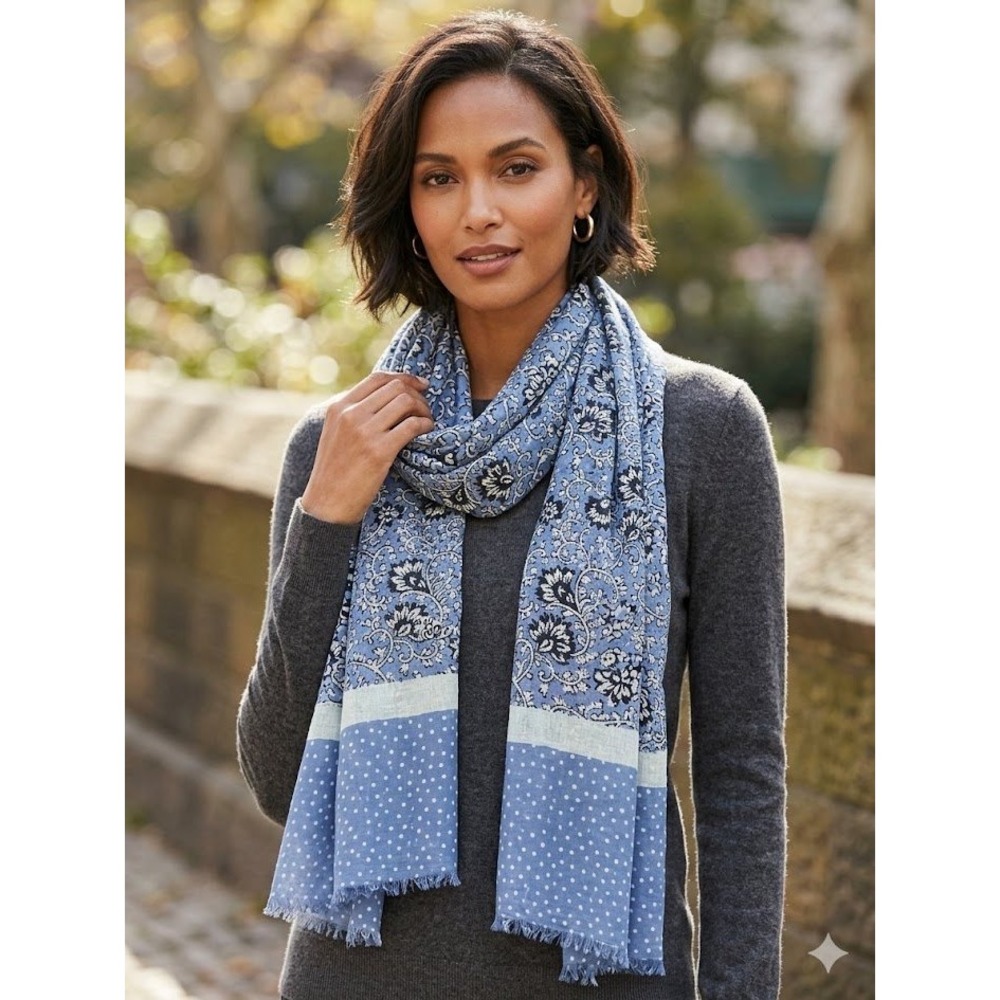 Womens Blue Garden Floral Polka Dot Rayon Scarf Lightweight Wrap Boho Shawl